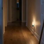 A dimly lit hallway at night with a motion-activated nightlight illuminating the floor, a wooden cane against the doorframe, and a glass of water on the nightstand — anchoring the high-risk nighttime walk for someone with sensory ataxia.