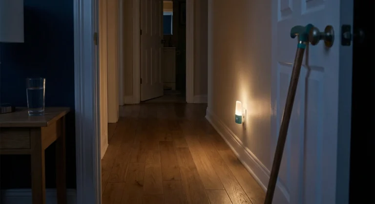 A dimly lit hallway at night with a motion-activated nightlight illuminating the floor, a wooden cane against the doorframe, and a glass of water on the nightstand — anchoring the high-risk nighttime walk for someone with sensory ataxia.