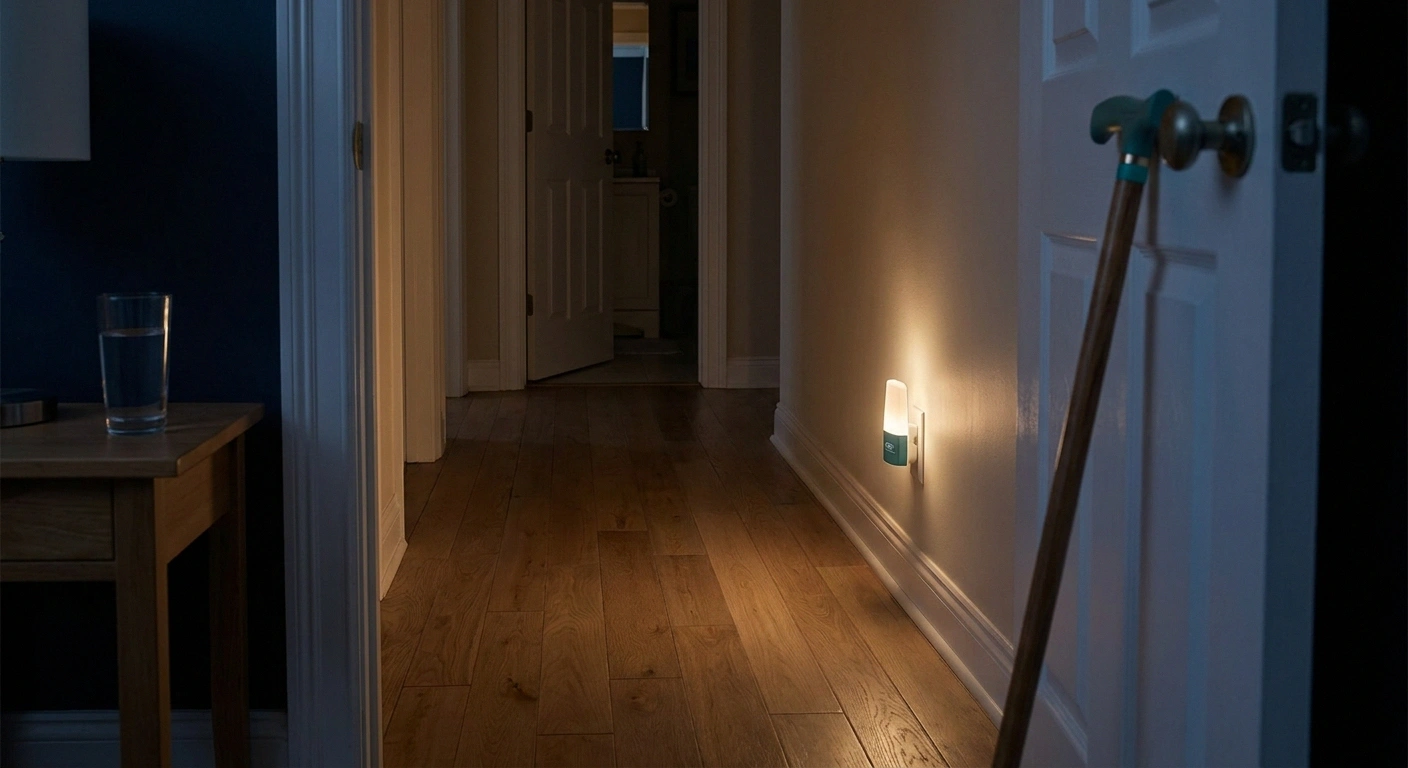 A dimly lit hallway at night with a motion-activated nightlight illuminating the floor, a wooden cane against the doorframe, and a glass of water on the nightstand — anchoring the high-risk nighttime walk for someone with sensory ataxia.