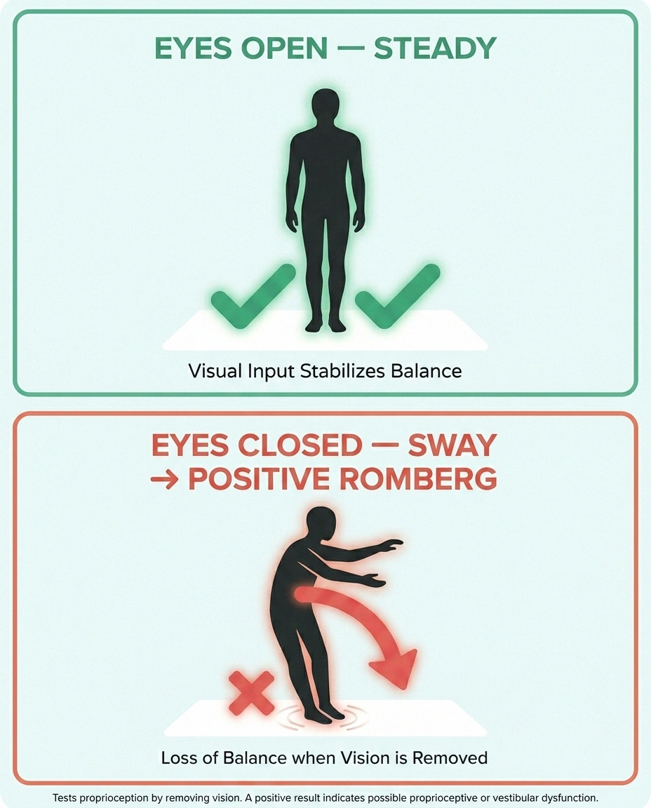 Side-by-side Romberg test diagram showing a figure steady with eyes open and swaying with eyes closed — the bedside test that reveals proprioception loss in sensory ataxia.