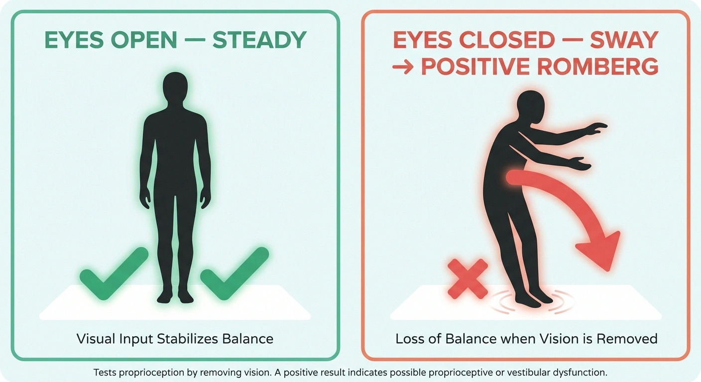 Side-by-side Romberg test diagram showing a figure steady with eyes open and swaying with eyes closed — the bedside test that reveals proprioception loss in sensory ataxia.