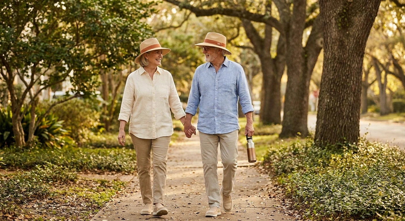 Older couple walking together on a tree-lined shaded sidewalk during the cooler summer evening hours wearing light clothing and wide-brimmed hats with water bottles.