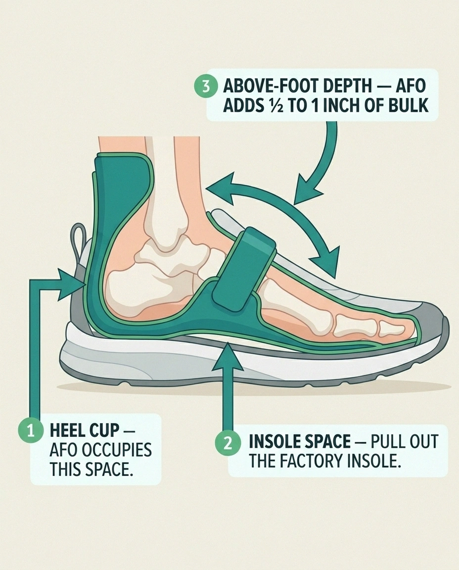 Cross-section infographic of an AFO inside an extra-depth shoe showing heel cup, insole space, and above-foot depth.
