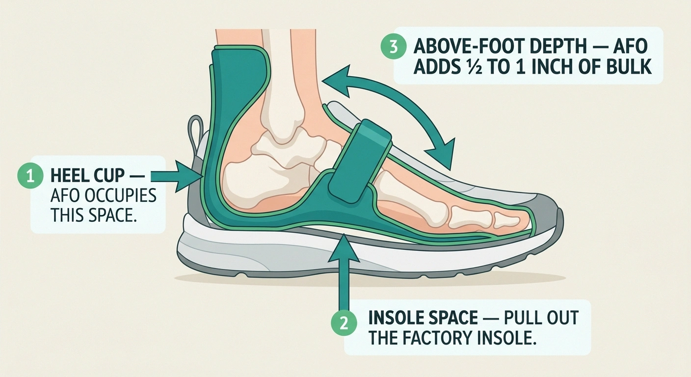 Cross-section infographic of an AFO inside an extra-depth shoe showing heel cup, insole space, and above-foot depth.
