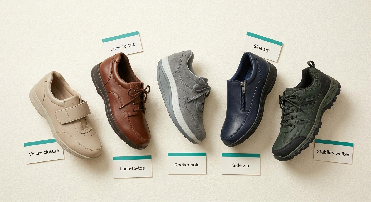 Five AFO-friendly walking shoes arranged on a cream surface, each labeled with its distinctive feature.