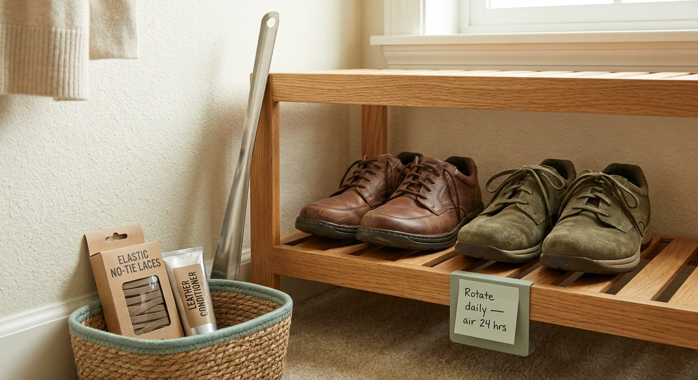 Two pairs of AFO-friendly walking shoes on a closet shelf beside a long-handled shoehorn and a no-tie-lace pack.