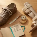 Extra-depth lace-to-toe walking shoe beside an AFO brace and a tape measure on a warm wooden floor.