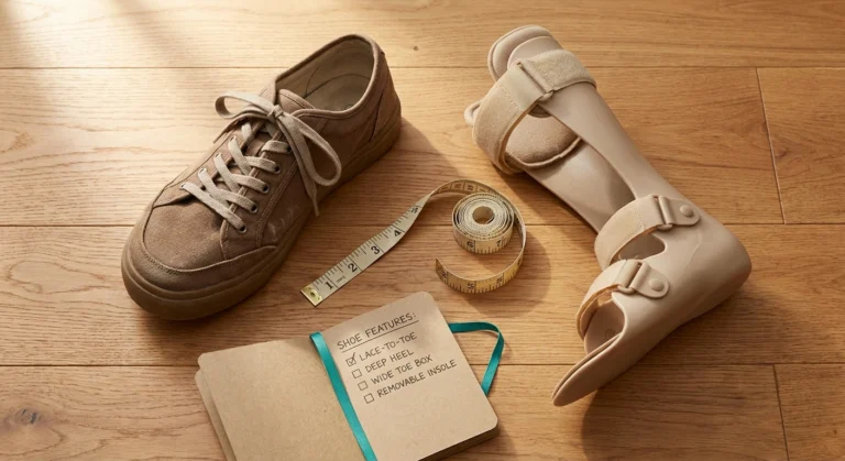 Extra-depth lace-to-toe walking shoe beside an AFO brace and a tape measure on a warm wooden floor.