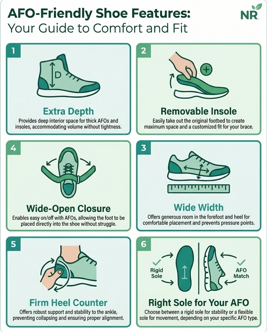Six-card infographic of the AFO-friendly shoe features: extra depth, removable insole, wide width, wide-open closure, firm heel counter, right sole stiffness.