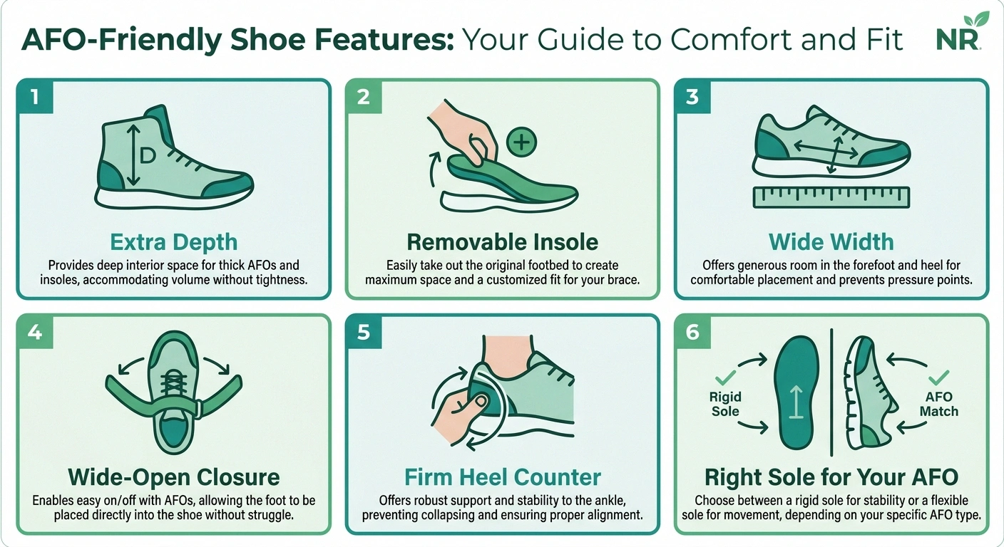 Six-card infographic of the AFO-friendly shoe features: extra depth, removable insole, wide width, wide-open closure, firm heel counter, right sole stiffness.