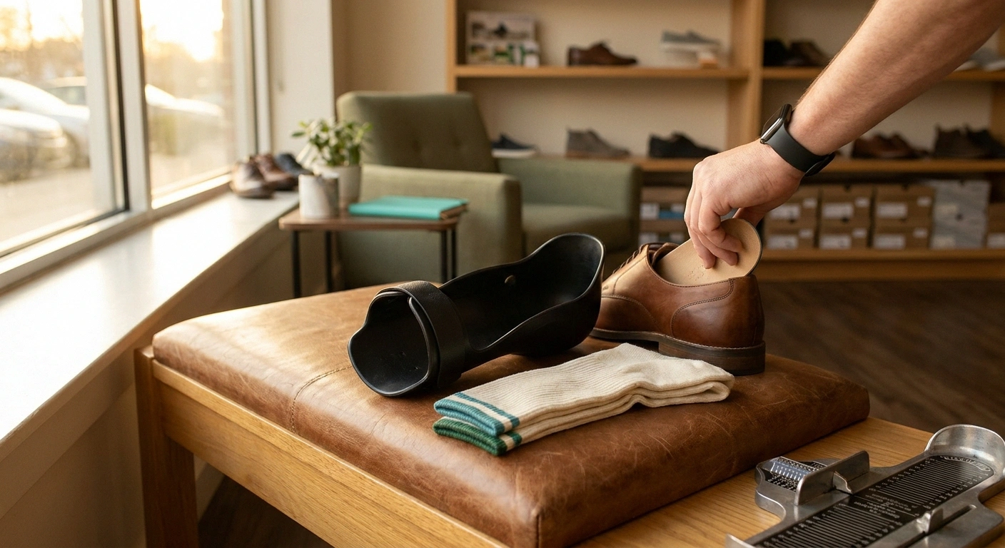 Hands removing the insole from a shoe at a fitting bench beside an AFO brace, socks, and a Brannock device.