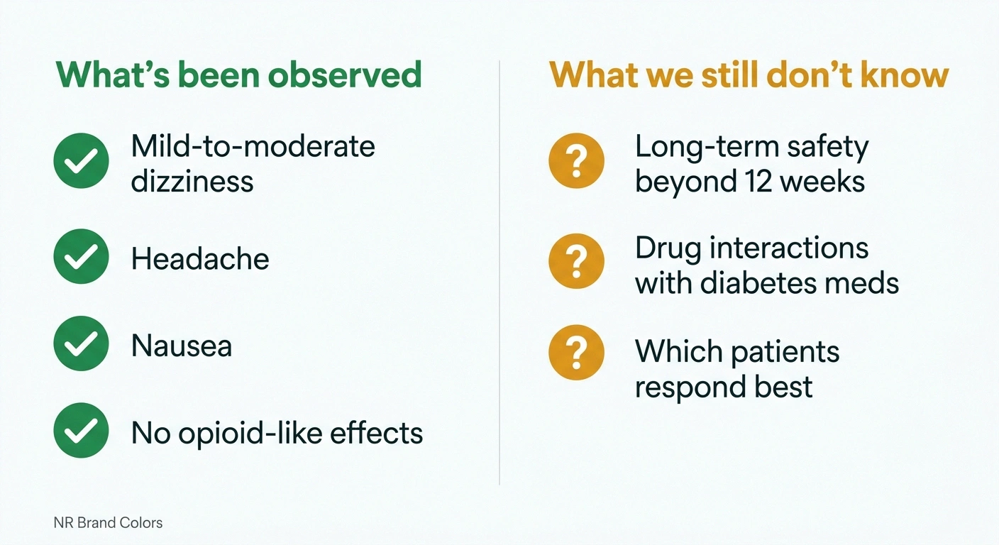 Infographic summarizing observed side effects and remaining unknowns for VX-993 clinical trials