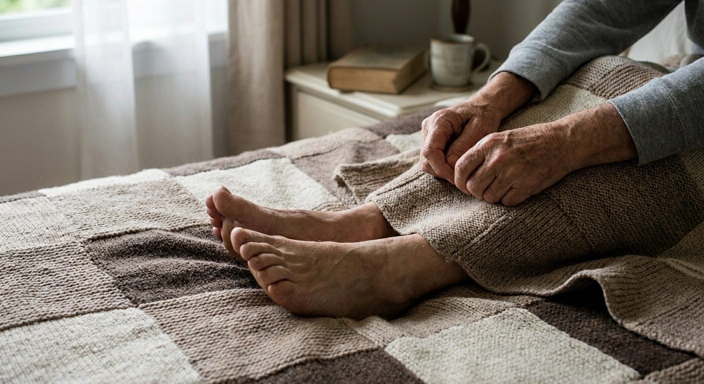 Older person's bare feet on a quilt depicting invisible pain of idiopathic small fiber neuropathy