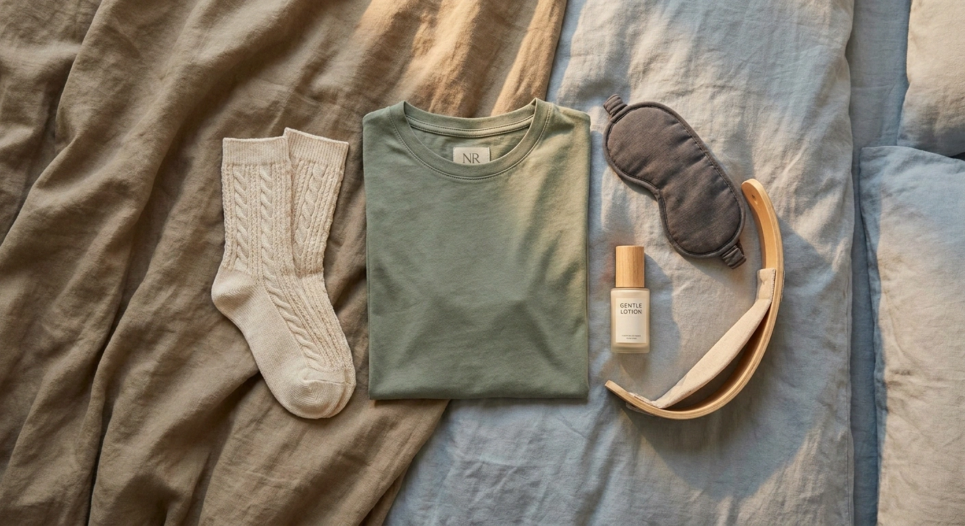Flat-lay of soft seamless socks, cotton clothing, a bed cradle, and skin-friendly lotion arranged on a bed as adaptations for sensitive skin.