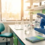 Researcher holds a vial of investigational SP16 drug being developed to prevent chemotherapy-induced peripheral neuropathy.