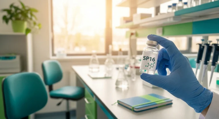 Researcher holds a vial of investigational SP16 drug being developed to prevent chemotherapy-induced peripheral neuropathy.
