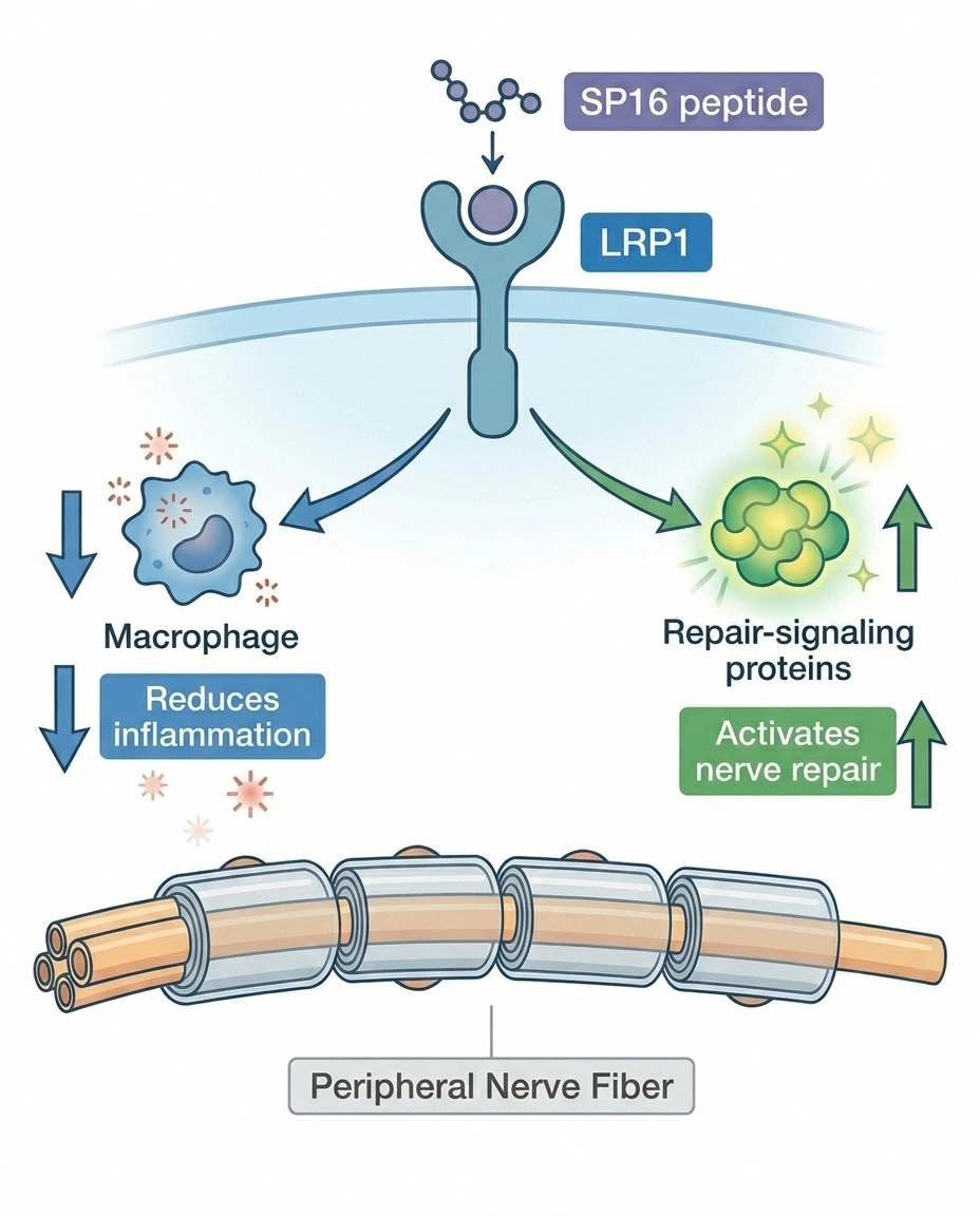 Diagram showing how SP16 activates the LRP1 receptor to reduce inflammation and promote nerve repair signaling.