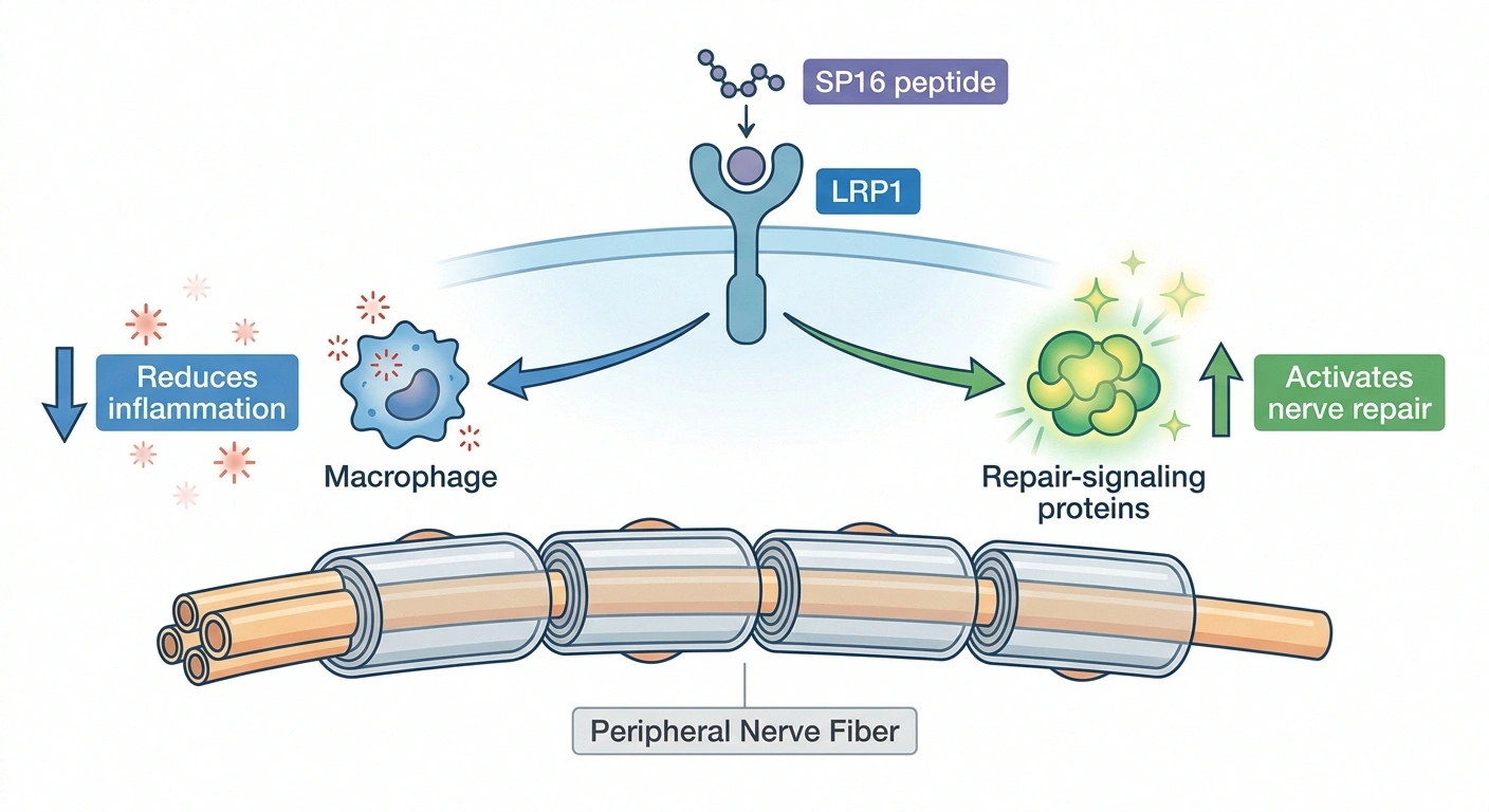 Diagram showing how SP16 activates the LRP1 receptor to reduce inflammation and promote nerve repair signaling.