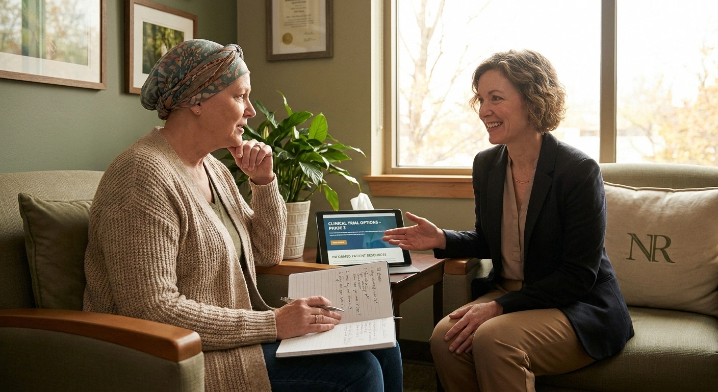 Cancer patient discusses CIPN prevention options including the SP16 trial with her oncologist during a consultation.