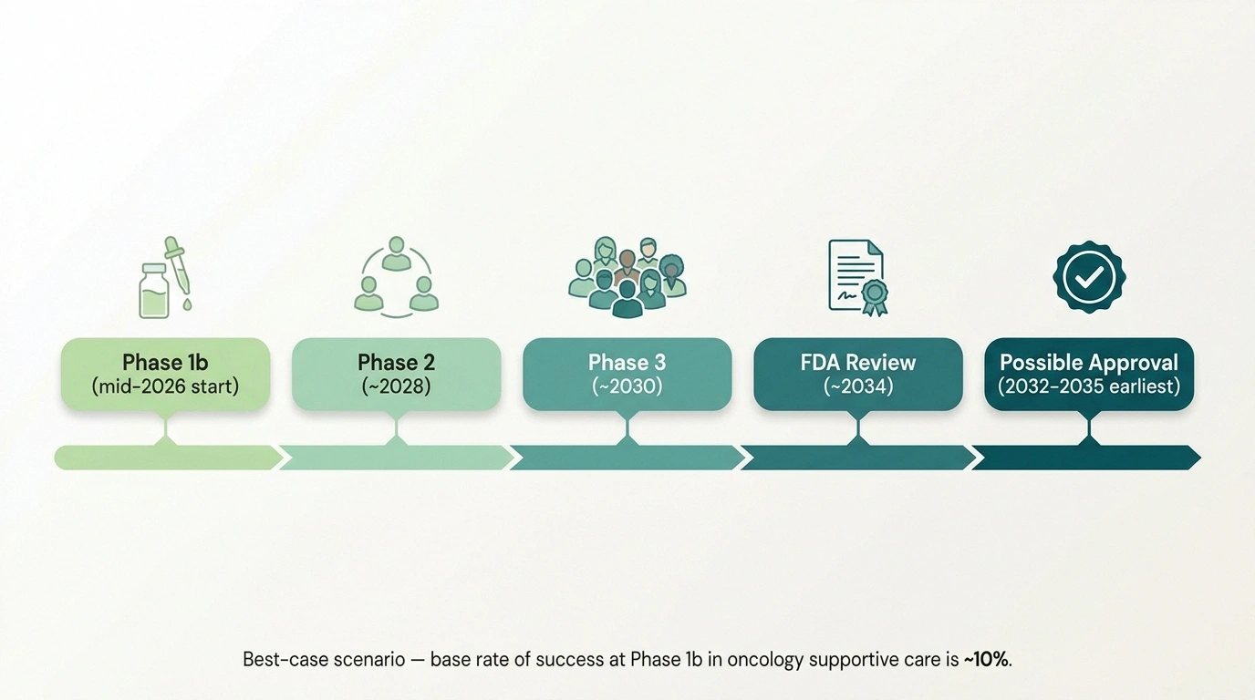 Multi-year timeline showing the drug development phases SP16 must complete before potential FDA approval.