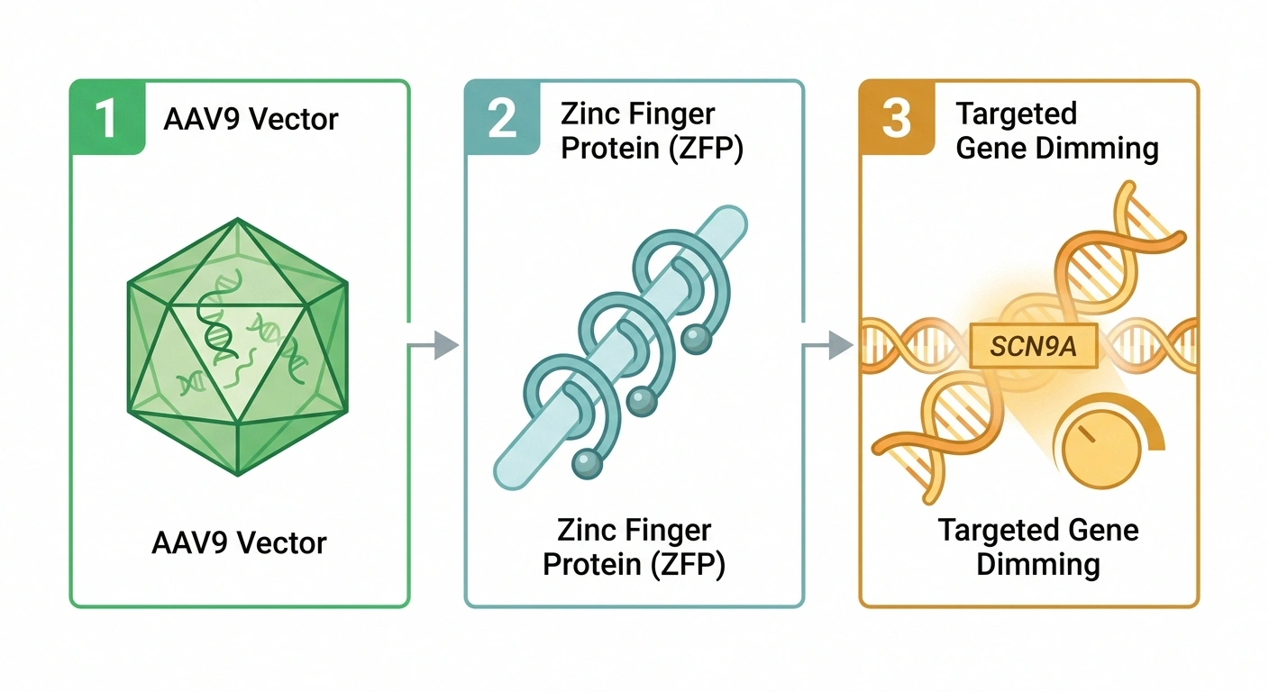 Three-layer diagram showing AAV9 virus, zinc finger repressor, and SCN9A gene target in ST-503 gene therapy