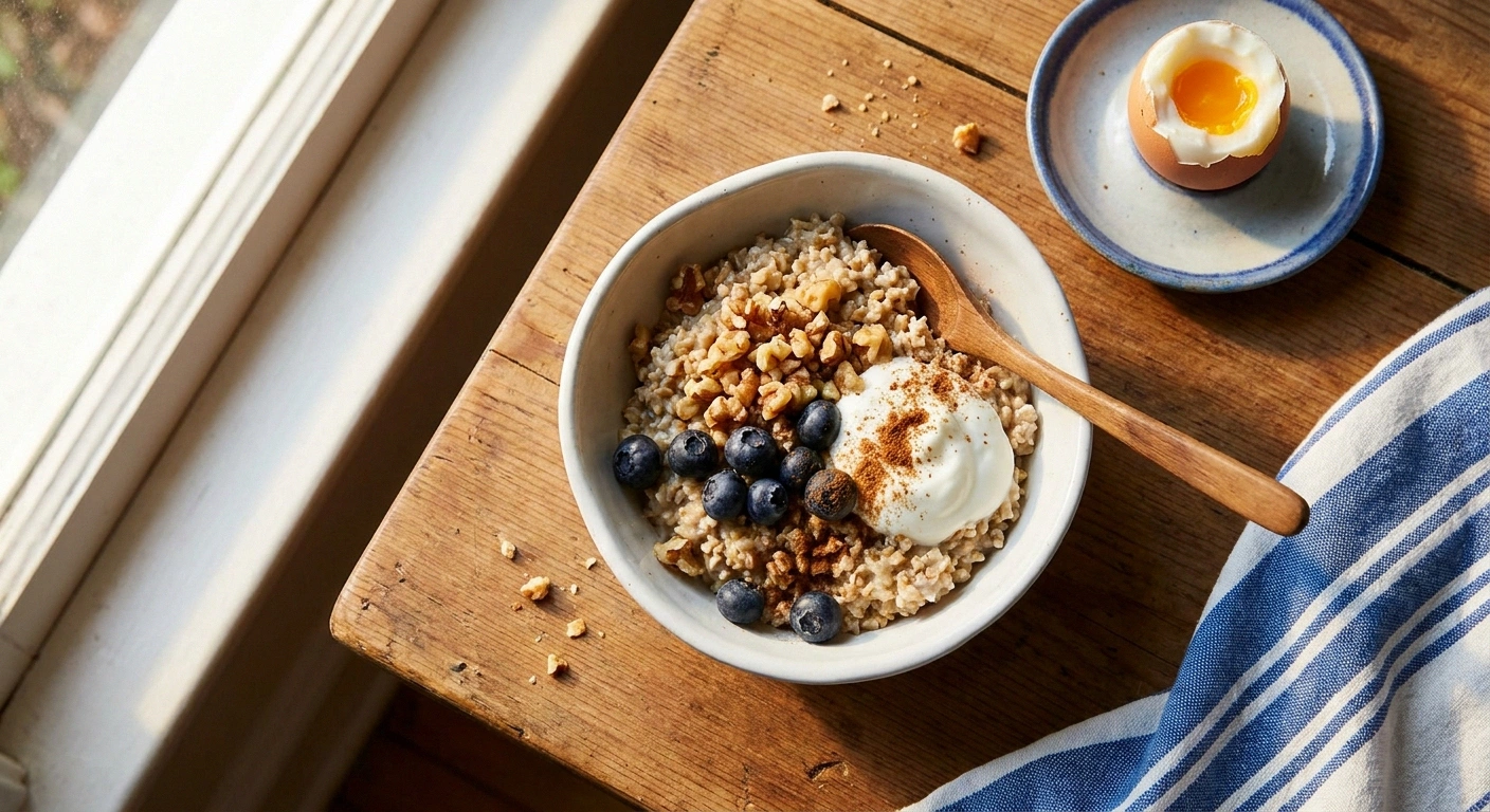 Bowl of steel-cut oats topped with walnuts blueberries Greek yogurt and cinnamon beside a boiled egg on a wooden table in morning light.