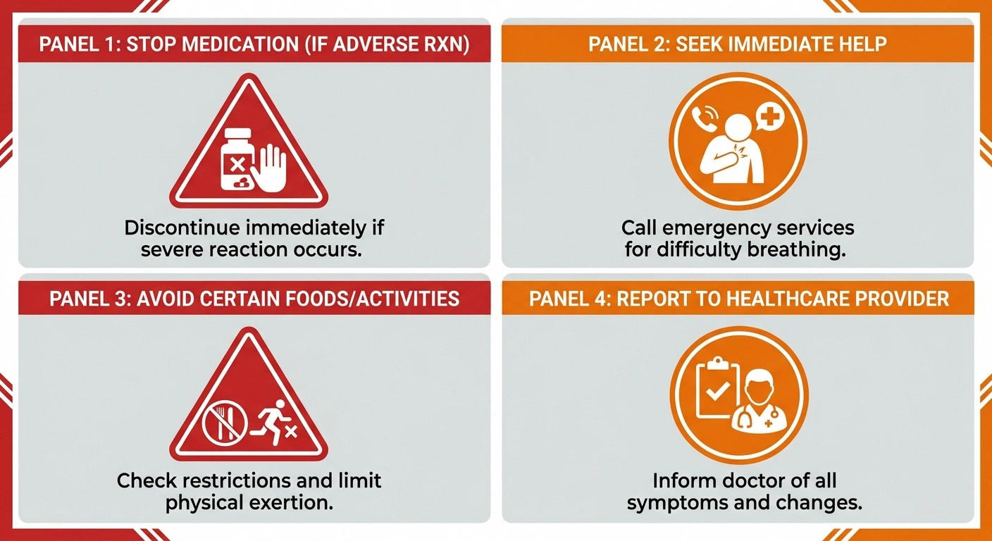 Four-panel medical alert infographic showing warning signs to watch for in the first weeks of carbamazepine treatment