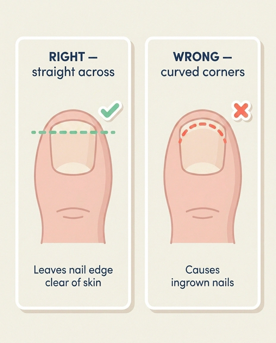 Diagram showing the correct straight-across toenail cut versus the curved cut that causes ingrown nails