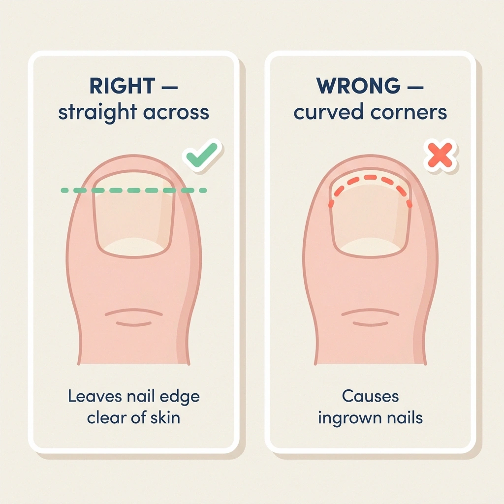 Diagram showing the correct straight-across toenail cut versus the curved cut that causes ingrown nails