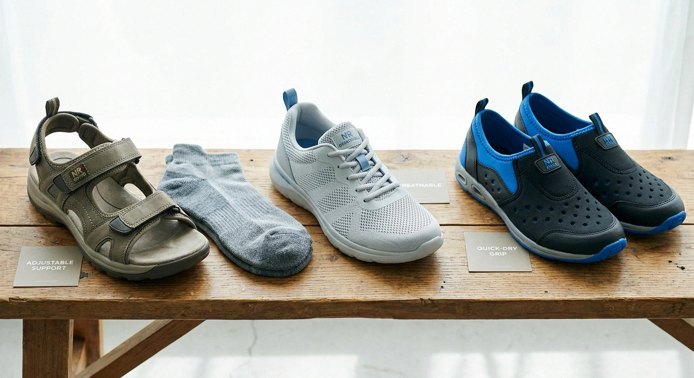 Three summer footwear options arranged on a floor — a closed toe walking sandal a mesh walking shoe and water shoes alongside a pair of moisture-wicking socks.