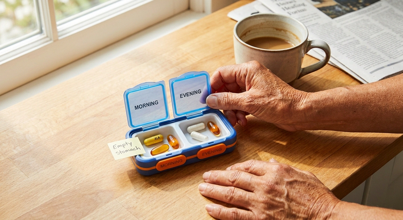 Pill organizer with morning and evening compartments showing the ALA NAC and CoQ10 daily schedule on a kitchen counter.
