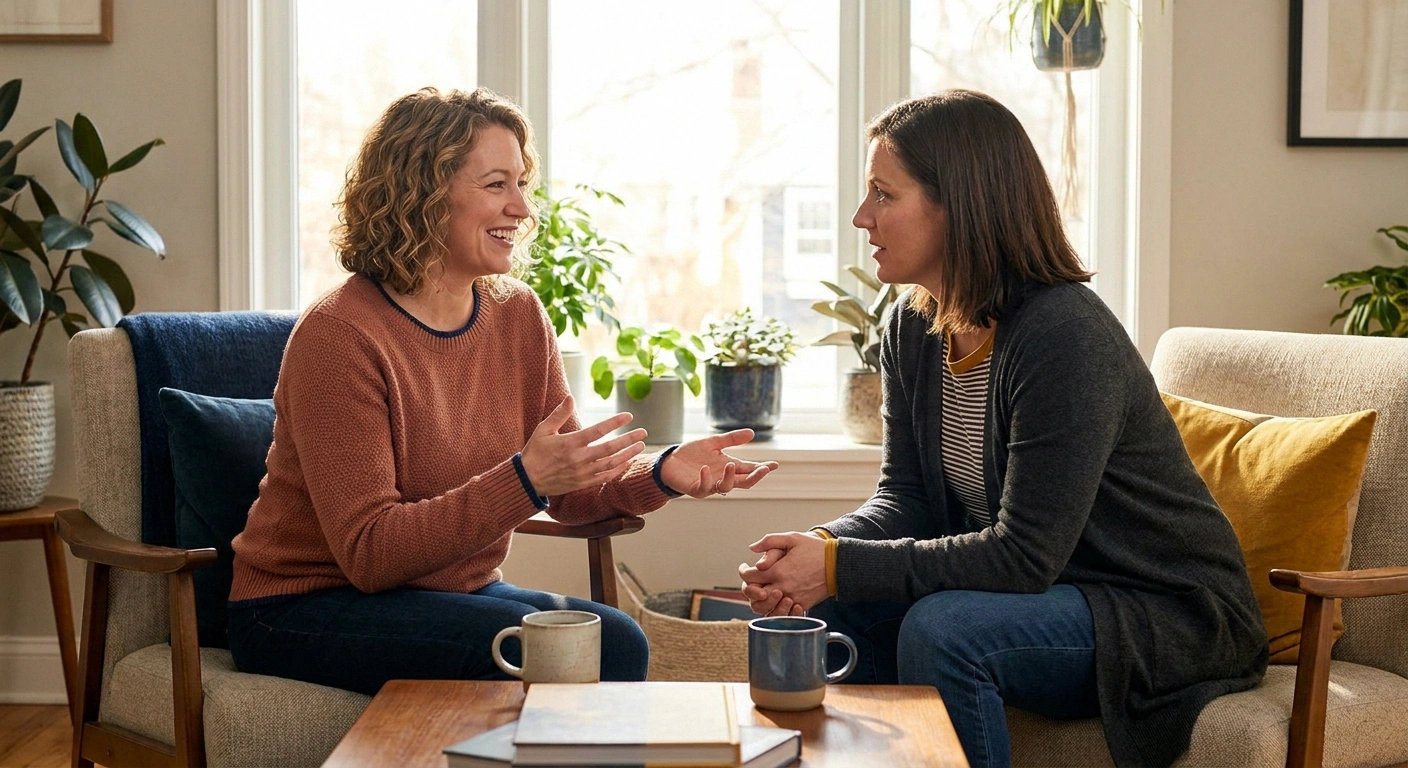 Two women in their 40s sitting across from each other in warm conversation in a comfortable cafe setting representing rare disease patient peer support.