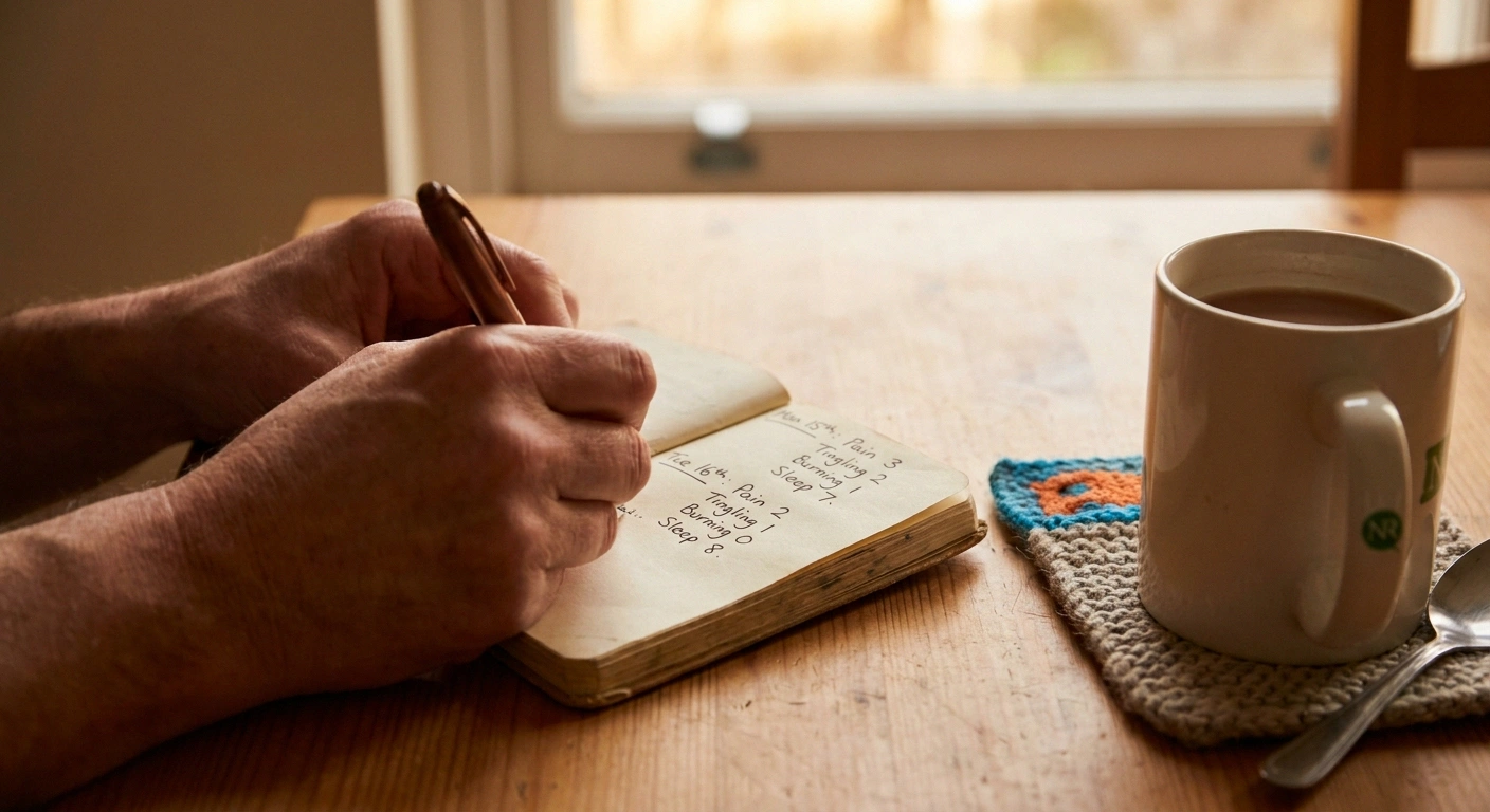 Hands writing weekly symptom scores in a small notebook on a kitchen table beside a cup of tea — tracking nerve pain and tingling over time.