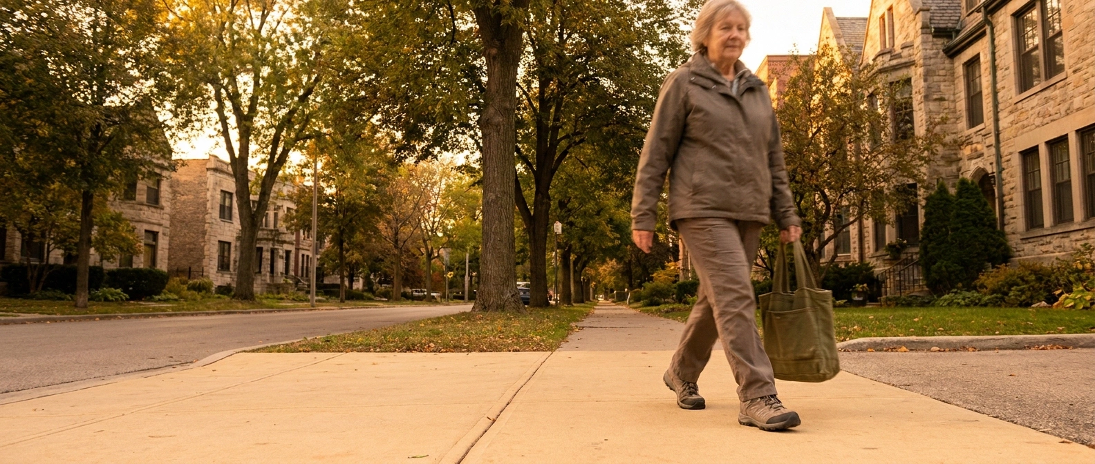 Older adult walking steadily on a tree-lined sidewalk in soft afternoon light, conveying calm patient management of chronic pain