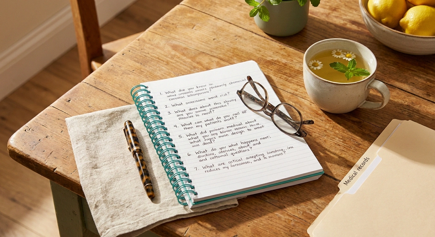 Overhead view of a notebook with handwritten questions for a prescriber, a fountain pen, chamomile tea, and a folder of medical records on a kitchen table