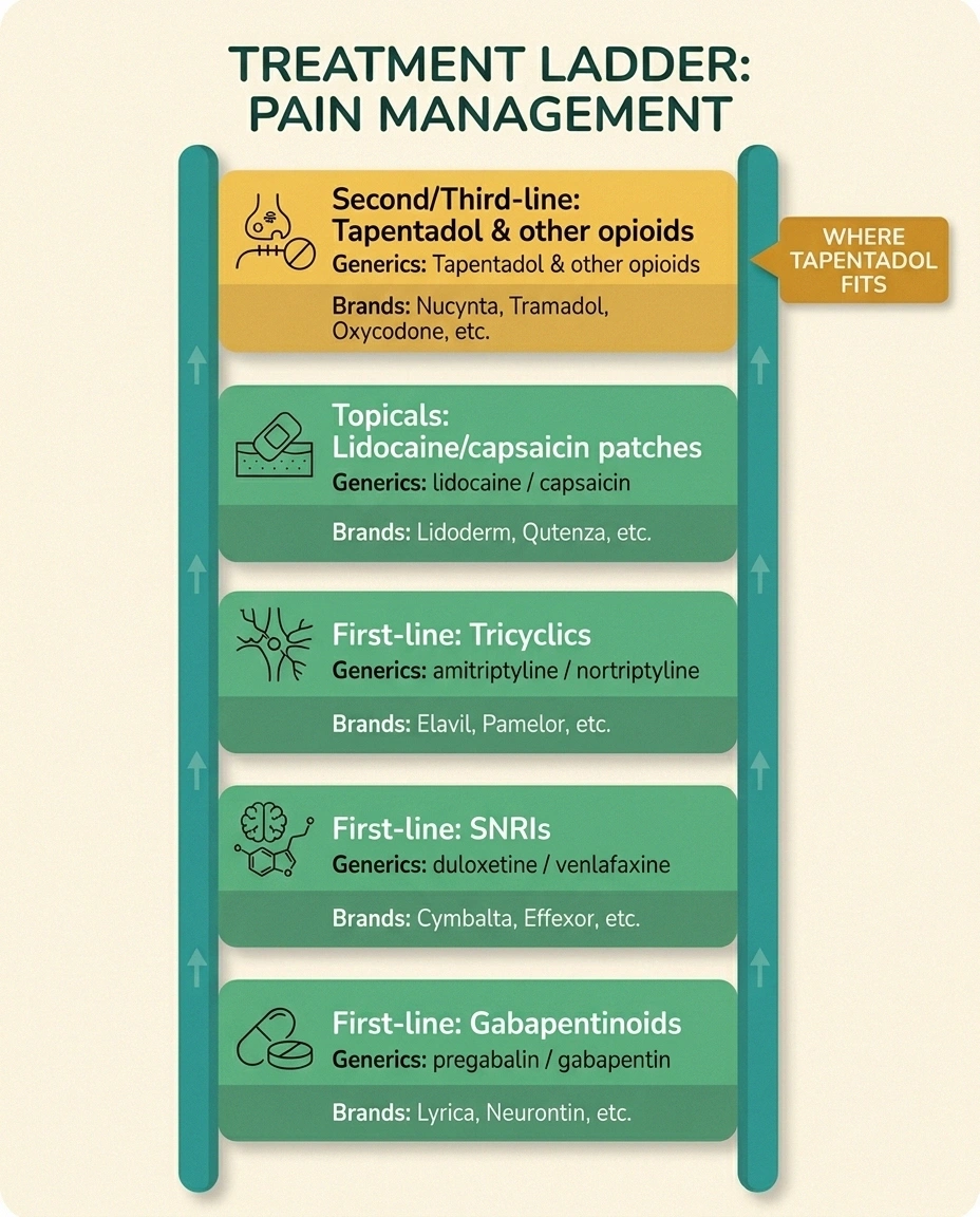 Treatment ladder infographic showing tapentadol positioned at the top as second or third-line therapy above first-line gabapentinoids, SNRIs, tricyclics, and topicals