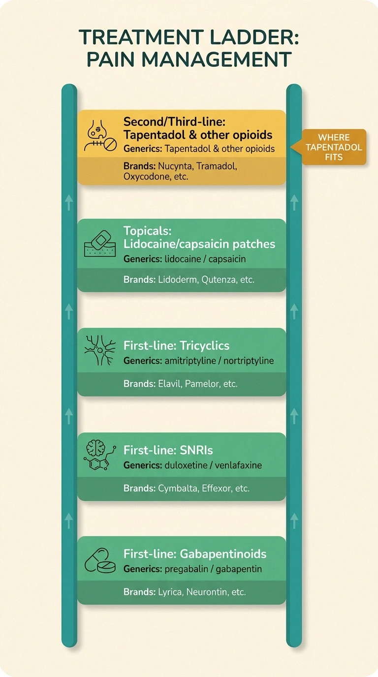 Treatment ladder infographic showing tapentadol positioned at the top as second or third-line therapy above first-line gabapentinoids, SNRIs, tricyclics, and topicals