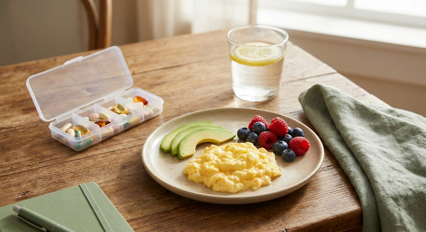 Small post-bariatric meal with eggs, avocado, berries, and vitamins on a wooden table