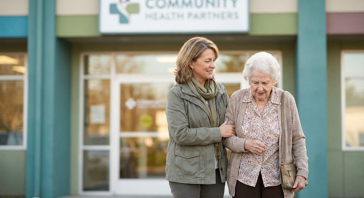 Woman supporting an older relative as they walk together toward a clinic entrance