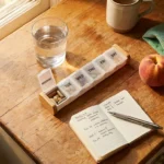 Overhead view of pill organizer, water glass, notebook, and fresh peach on a wooden kitchen counter