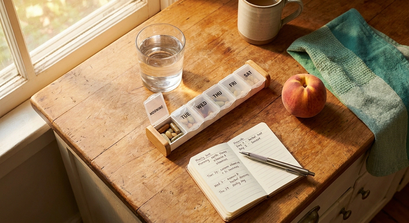 Overhead view of pill organizer, water glass, notebook, and fresh peach on a wooden kitchen counter