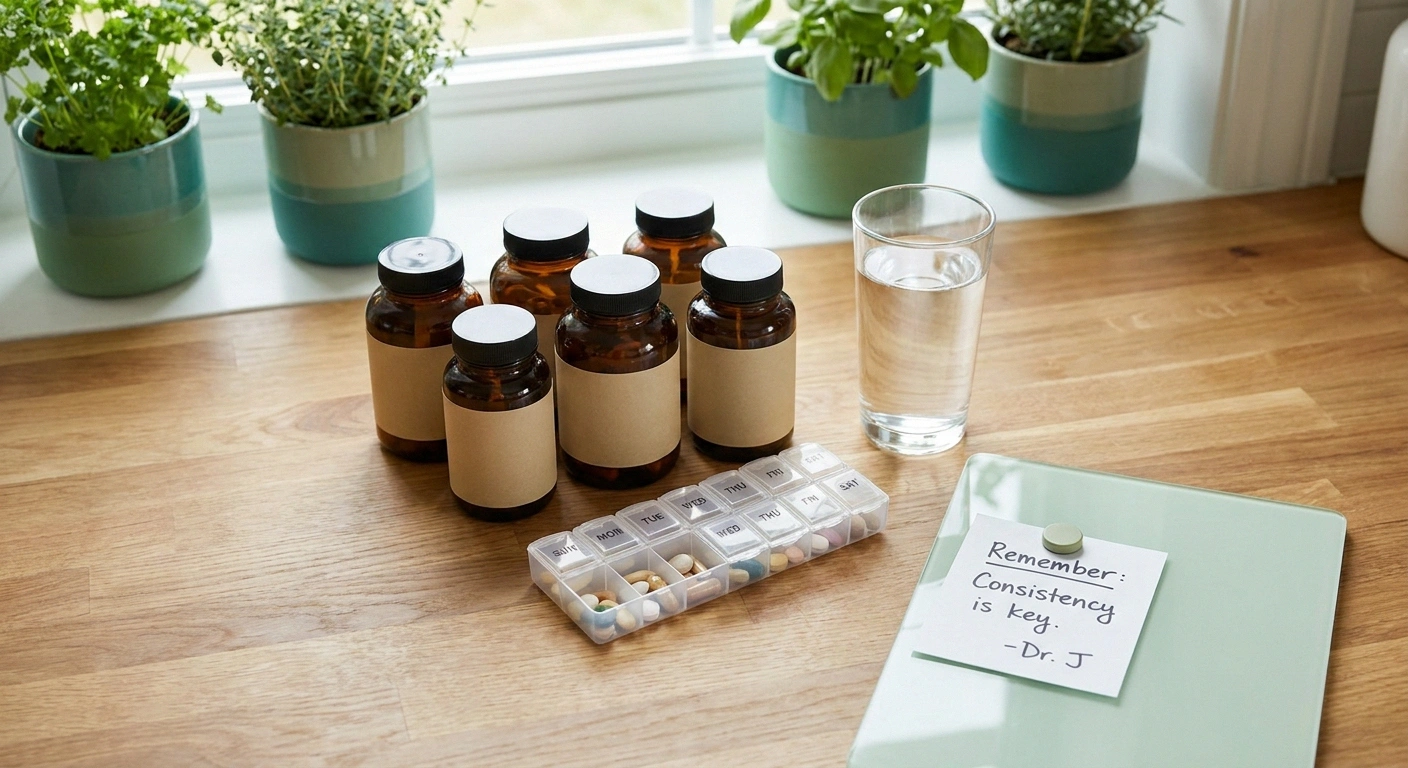 Flat-lay of weekly pill organizer, supplement bottles, water glass, and notes on a kitchen surface