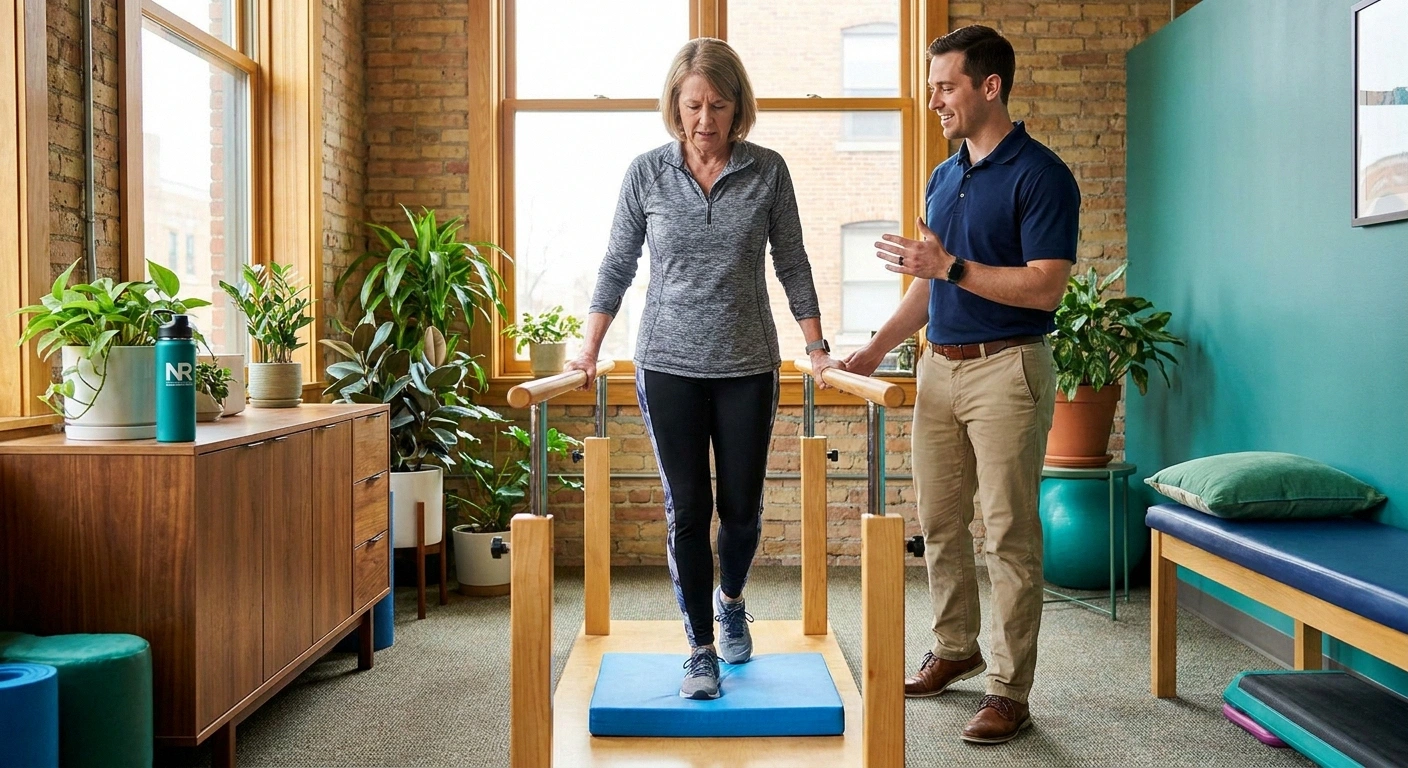 Woman working with a physical therapist on a balance exercise in a bright PT clinic
