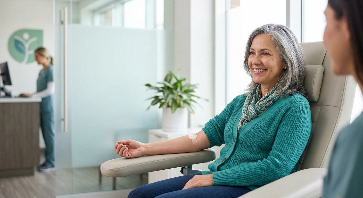 Woman seated at phlebotomy chair with a small bandage on her arm after blood draw, smiling lightly