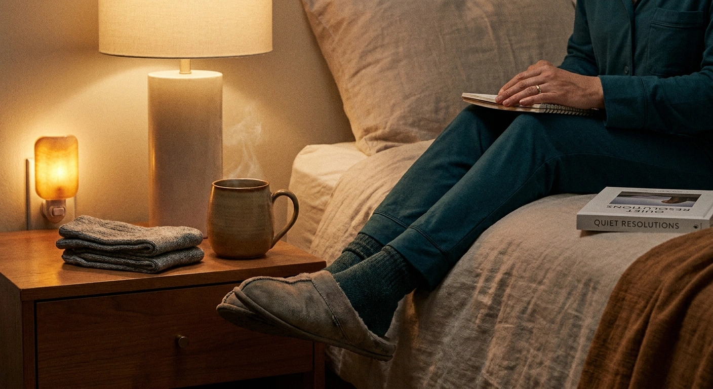 Person sitting on the edge of the bed in dim bedroom light with fresh socks and a warm mug ready on the nightstand