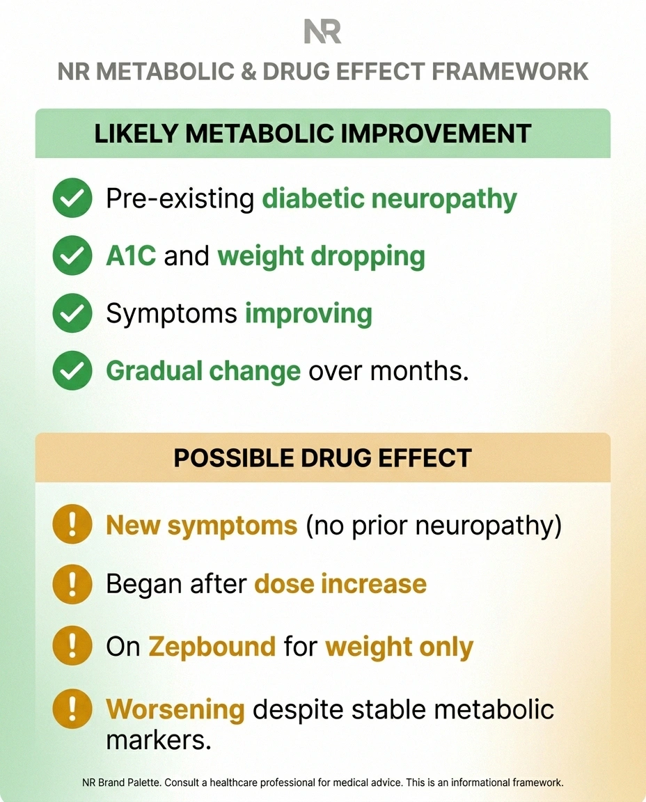 Two-column comparison showing patterns suggesting metabolic improvement versus drug-related neuropathy on tirzepatide.