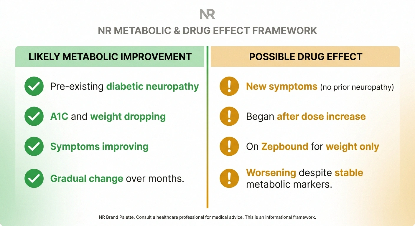 Two-column comparison showing patterns suggesting metabolic improvement versus drug-related neuropathy on tirzepatide.