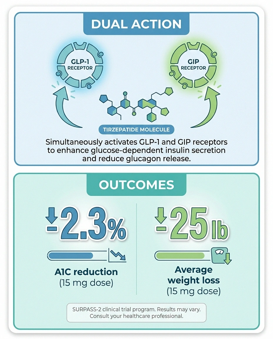 Infographic showing how tirzepatide activates both GIP and GLP-1 receptors to produce dramatic A1C and weight reductions.