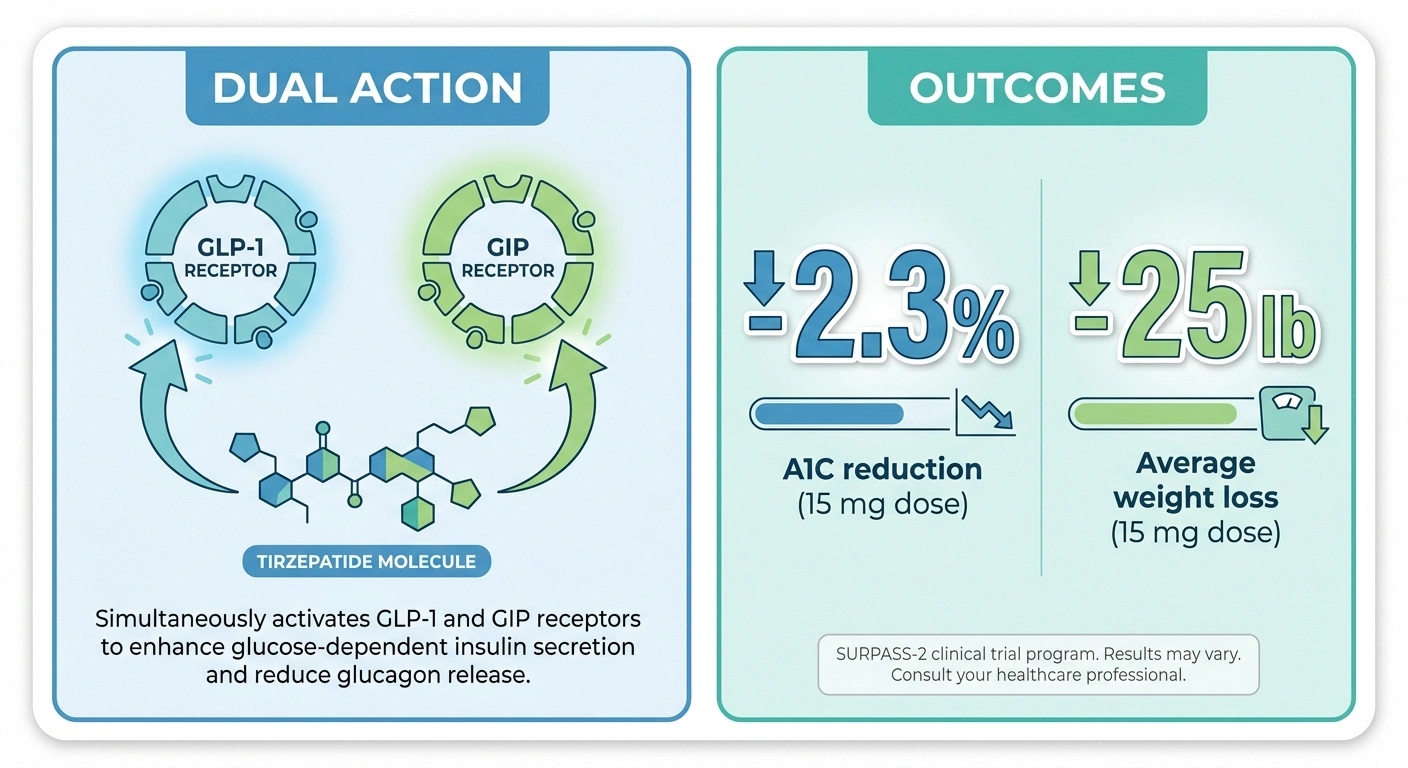 Infographic showing how tirzepatide activates both GIP and GLP-1 receptors to produce dramatic A1C and weight reductions.