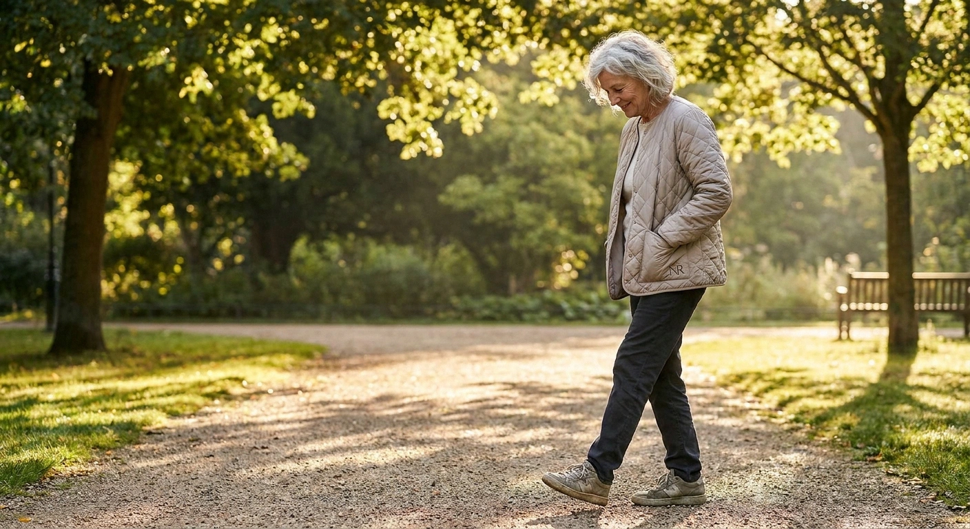 Older woman walking comfortably in a park, illustrating improved nerve sensation with better metabolic control.
